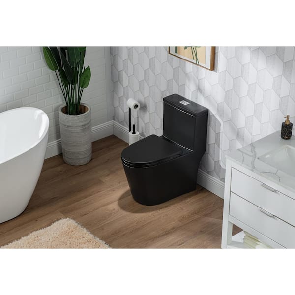 Rough-in 12 in. 1-Piece 0.9/1.28 GPF Dual Flush Elongated Skirted Toilet in Black Seat Included