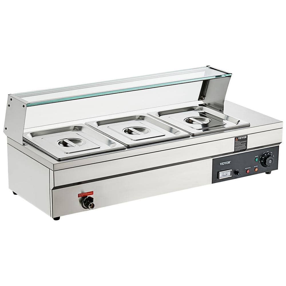 VEVOR 3-Pan Commercial Food Warmer 1200-Watt Electric Steam Table 6 in. Deep Professional Stainless Steel Buffet 16 qt.