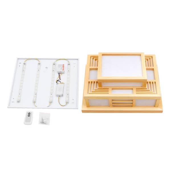 OUKANING 17.72 in. Wood and White Japanese Style Square Flush