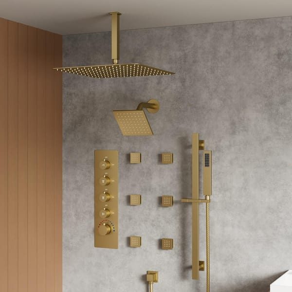 YAWWALK Thermostatic Valve 15-Spray 16 and 6 in. Ceiling Mount Dual Shower Head and Handheld Shower in Brushed Gold