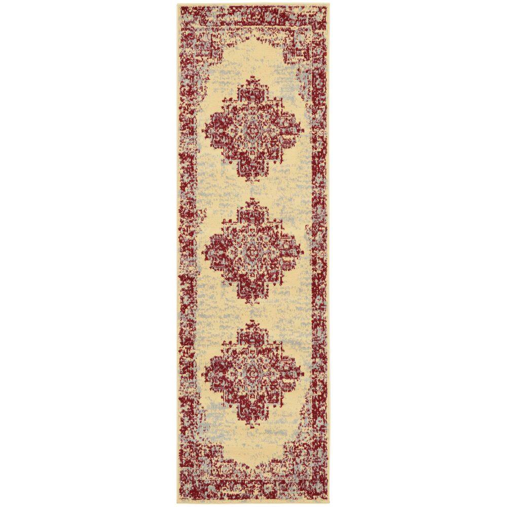 Cream and Red Medallion Tufted Runner Rug