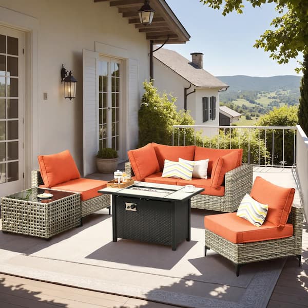 OVIOS Supery Gray 6-Piece Wicker Rectangle Fire Pit Patio Conversation Set with Orange Red Cushions