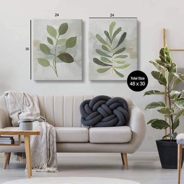 Green Leaf Branches on Grey by Lanie Loreth 2 Piece Unframed Nature Graphic Art Print 30 in. x 24 in.