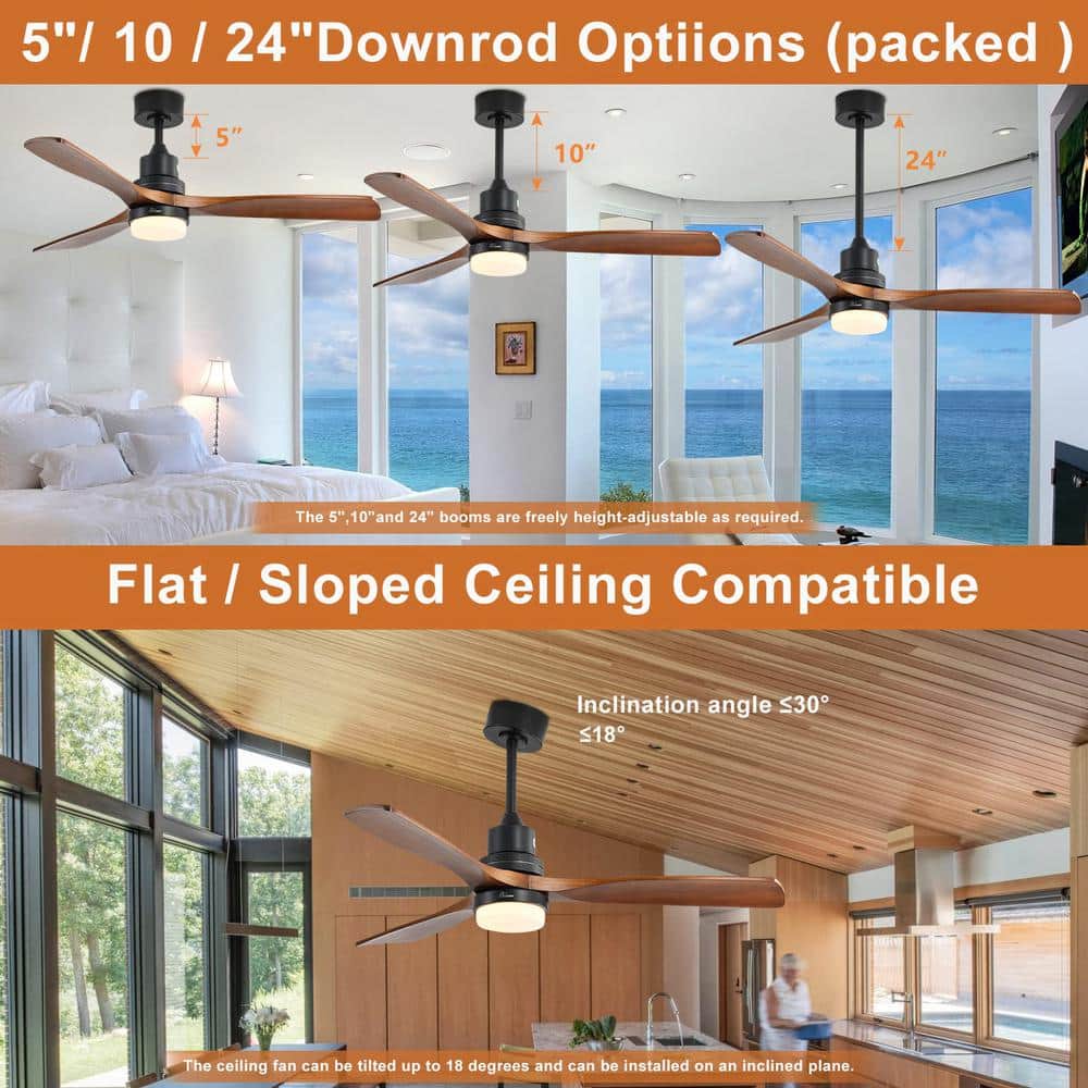 52" Black and Dark Wood-Grain Modern Ceiling Fan with Remote