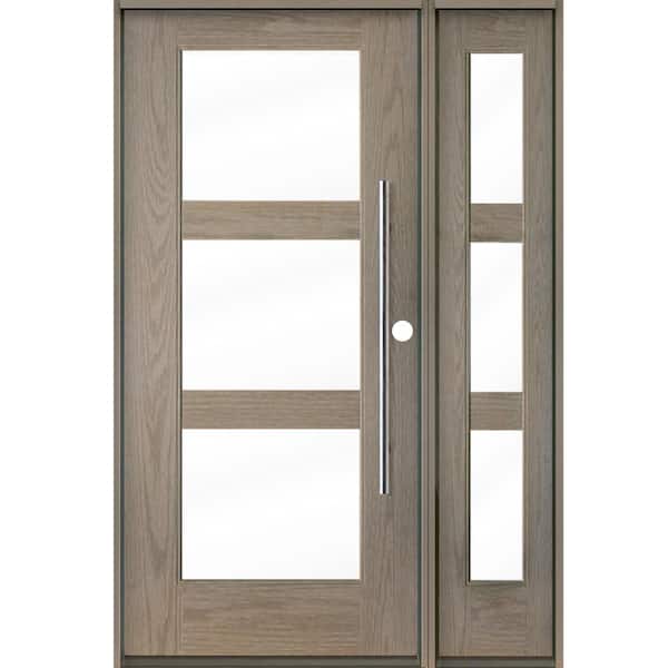 Krosswood Doors Faux Pivot 50 in. x 80 in. 3-Lite Left-Hand/Inswing ClearGlass Oiled Leather Stain Fiberglas Prehung Front Door with RSL
