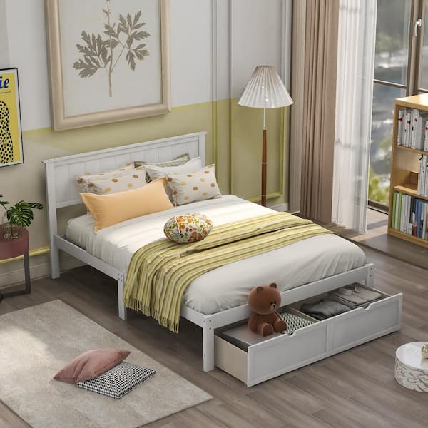 Polibi White Frame Full Size Platform Bed with Under-Bed