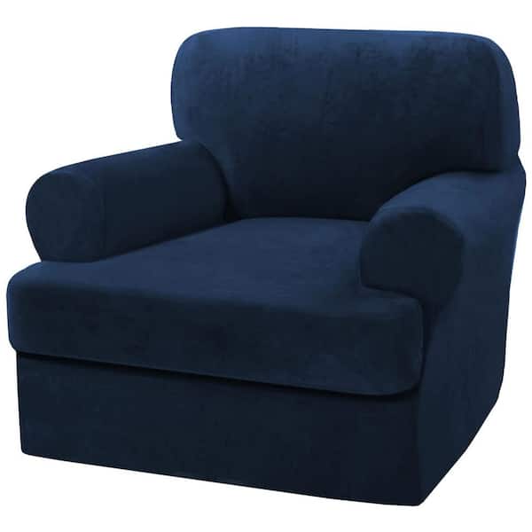 2-Piece T Cushion Armchair Slipcovers Thick Velvet Couch Cover, Stretch Furniture Protector, Navy