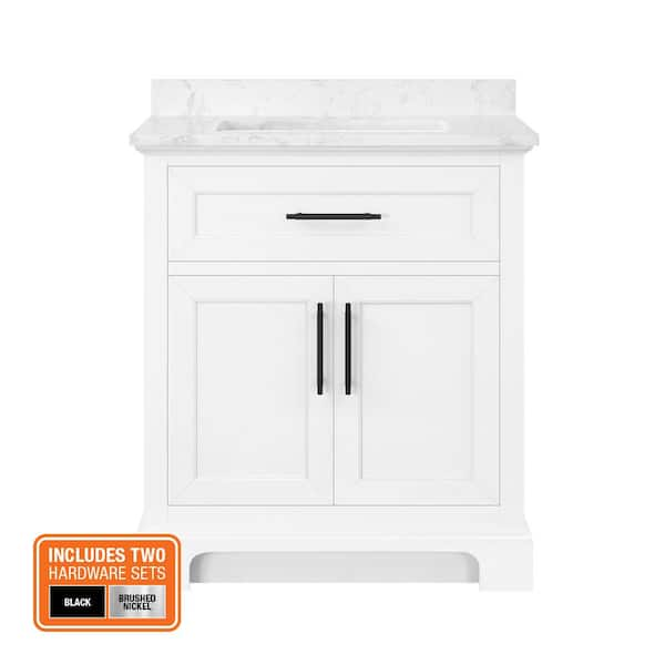 Doveton 30 in. Single Sink Freestanding White Bath Vanity with White Engineered Marble Top (Assembled)