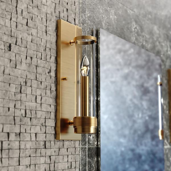 Bari 1-Light Satin Brass Contemporary Wall Sconce with Clear Cylinder Glass