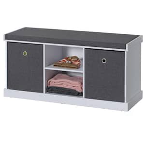Holds 30-Pairs White Of Shoes MDF Shoe Storage Bench with 2 Drawers, Foldable Baskets, and a Gray Cushion