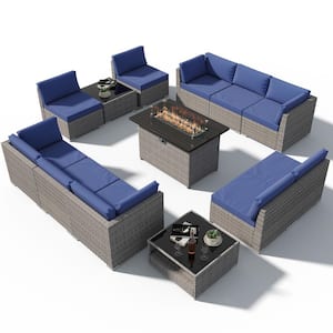 13-Piece Outdoor Wicker Patio Furniture Set with Fire Table and 2 Coffee Tables, Dark Blue