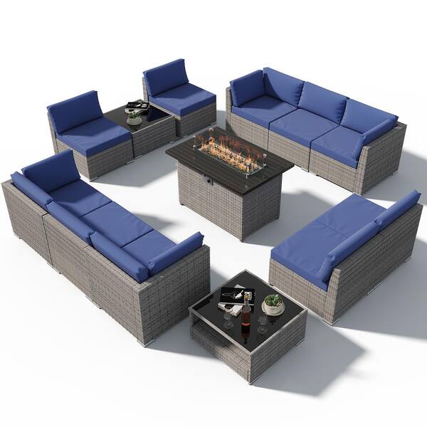 EAGLE PEAK 13-Piece Outdoor Wicker Patio Furniture Set with Fire Table and 2 Coffee Tables, Dark Blue