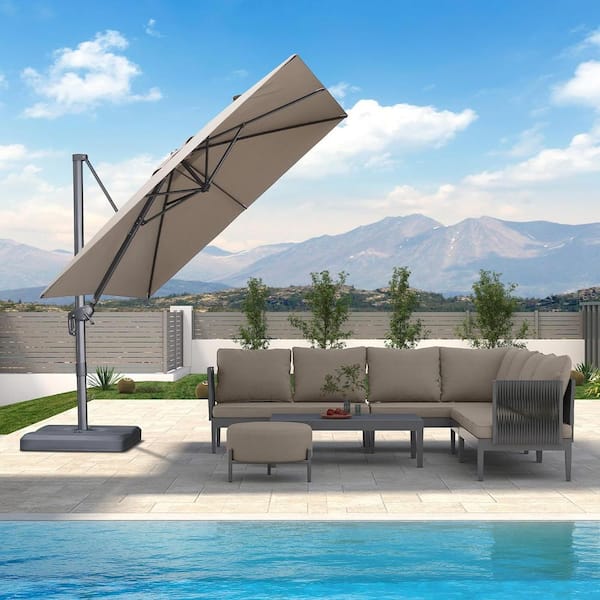 PURPLE LEAF 9 ft. Square Outdoor Patio Cantilever Umbrella Aluminum Offset 360° Rotation Umbrella with Base, Taupe