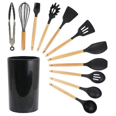 Black Silicone and Wood Cooking Utensils (Set of 12)