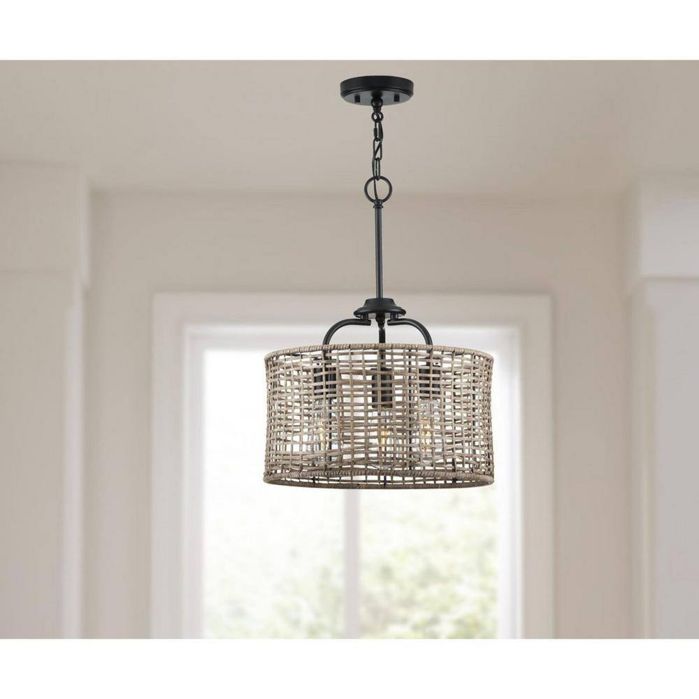 Matte Black and Rattan 3-Light Semi-Flush Mount Ceiling Light