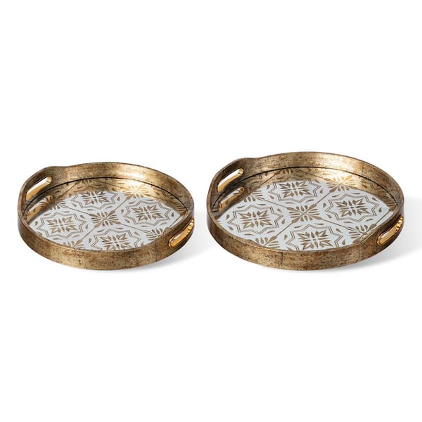 Glitzhome Round Gold Abstract Mirrored Trays with Handles (Set of 2）