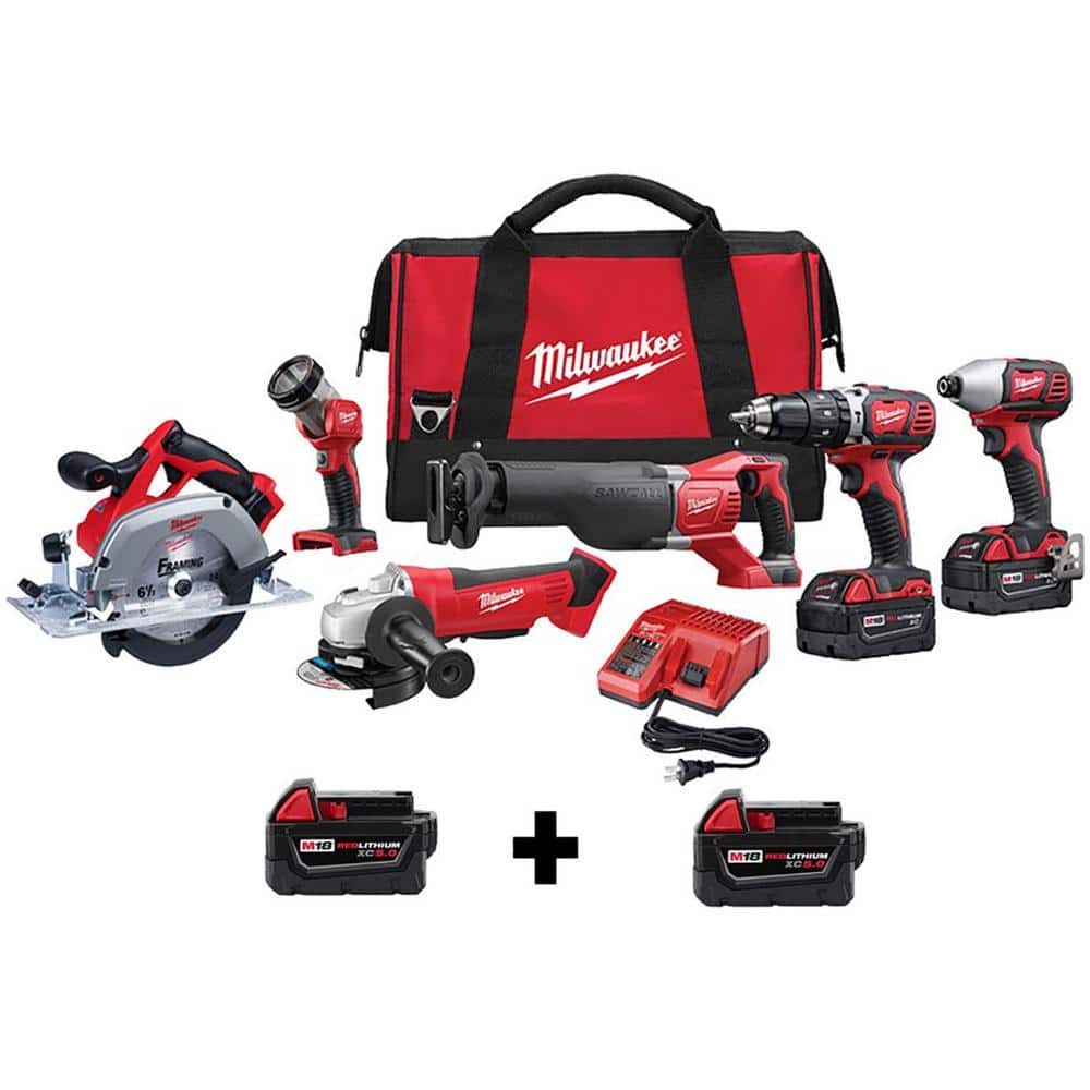 Milwaukee M18 18V Lithium-Ion Cordless Combo Tool Kit (6-Tool) w/ Two Additional 5.0 Ah Batteries -  2696-26-48-11