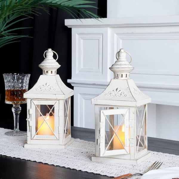 Unbranded 11 in. x 4 in. White with Gold Brush Metal Vintage Lantern without Candle (2-Pack)