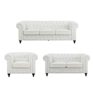 Chesterfield Sofa Set 3-Piece White Tufted Cushions with Rolled Arms, Top Material Faux Leather