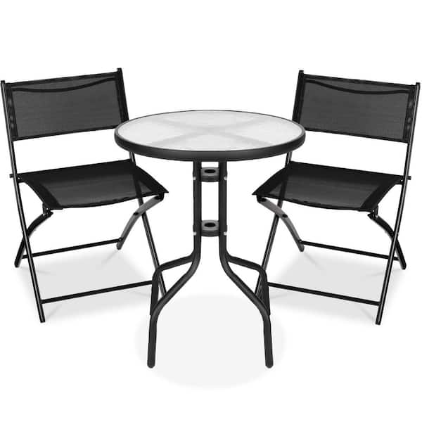 Best Choice Products Black Metal 3-Piece Steel Outdoor Patio Bistro Set with Textured Glass Table Top, Folding Chairs