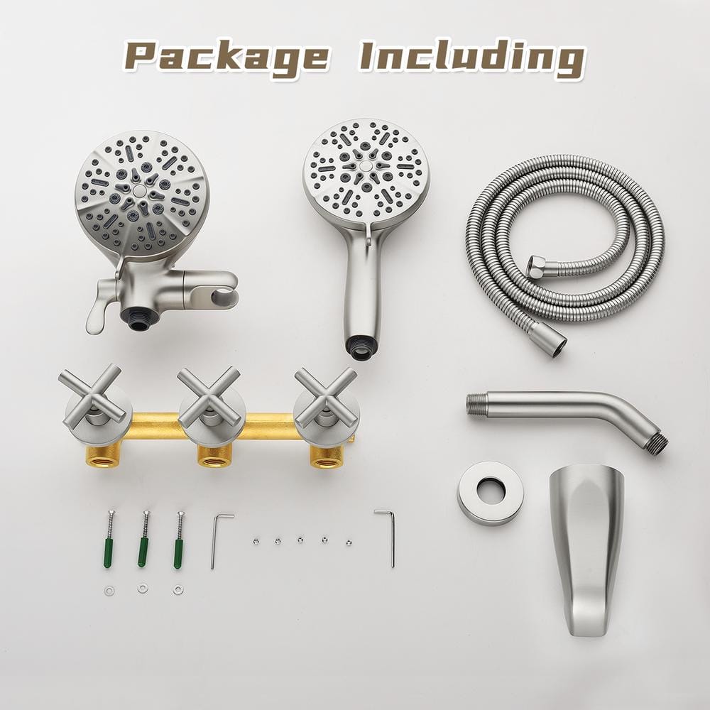 Brushed Nickel Triple Handle Rain Shower Faucet Set with Handheld