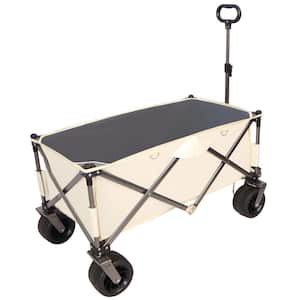 White Folding Beach Serving Cart for Sand with Wheels, Adjustable Handle and Drink Holders for Camping, Garden