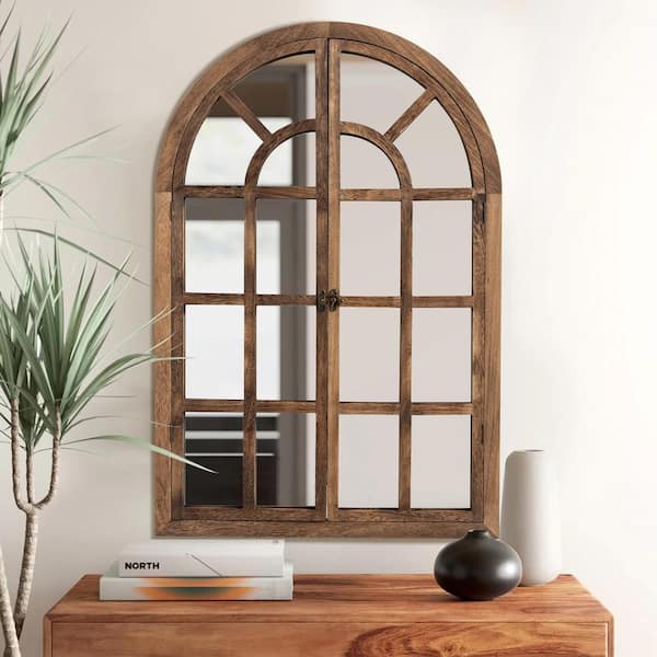 Dovelina 24 in. W x 36 in. H Arched Solid Wood Framed Classic Brown Wall Mirror