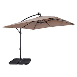 8.3 ft. Steel Cantilever Umbrella Solar Tilt Patio Umbrella in Beige with Base and 32 LED Lights