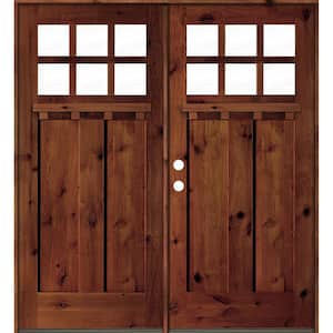 72 in. x 80 in. Craftsman Knotty Alder Wood Clear 6-Lite RC Stained/Dentil Shelf Right Active Double Prehung Front Door