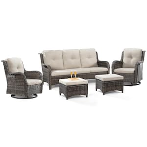 5-Piece Wicker Outdoor Patio Seating Set Sectional Sofa with Swivel Rocking Chair, Ottomans and Beige Cushions