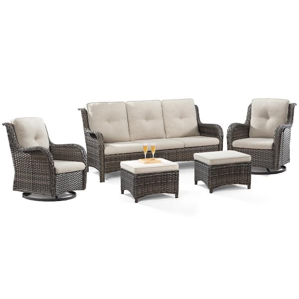 JOYSIDE 5-Piece Wicker Outdoor Patio Seating Set Sectional Sofa with Swivel Rocking Chair, Ottomans and Beige Cushions