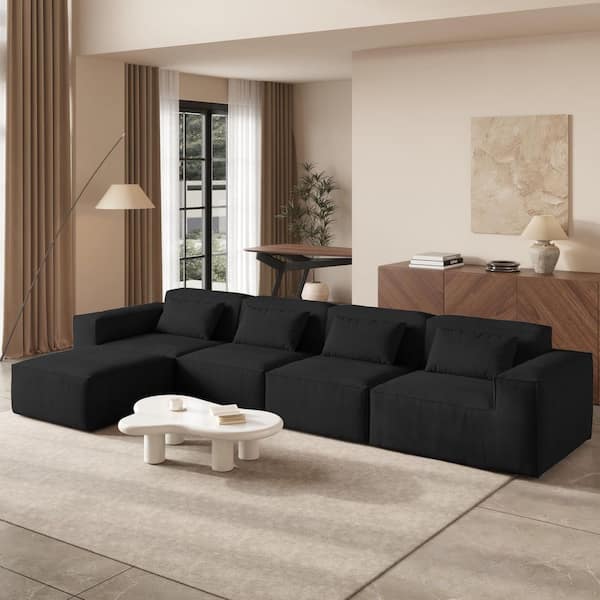 Deep Seat 149 in. Square Arm Cloud Fleece Fabric 4-Seater Modular Sectional Sofa with Ottoman in. Black for Apartment