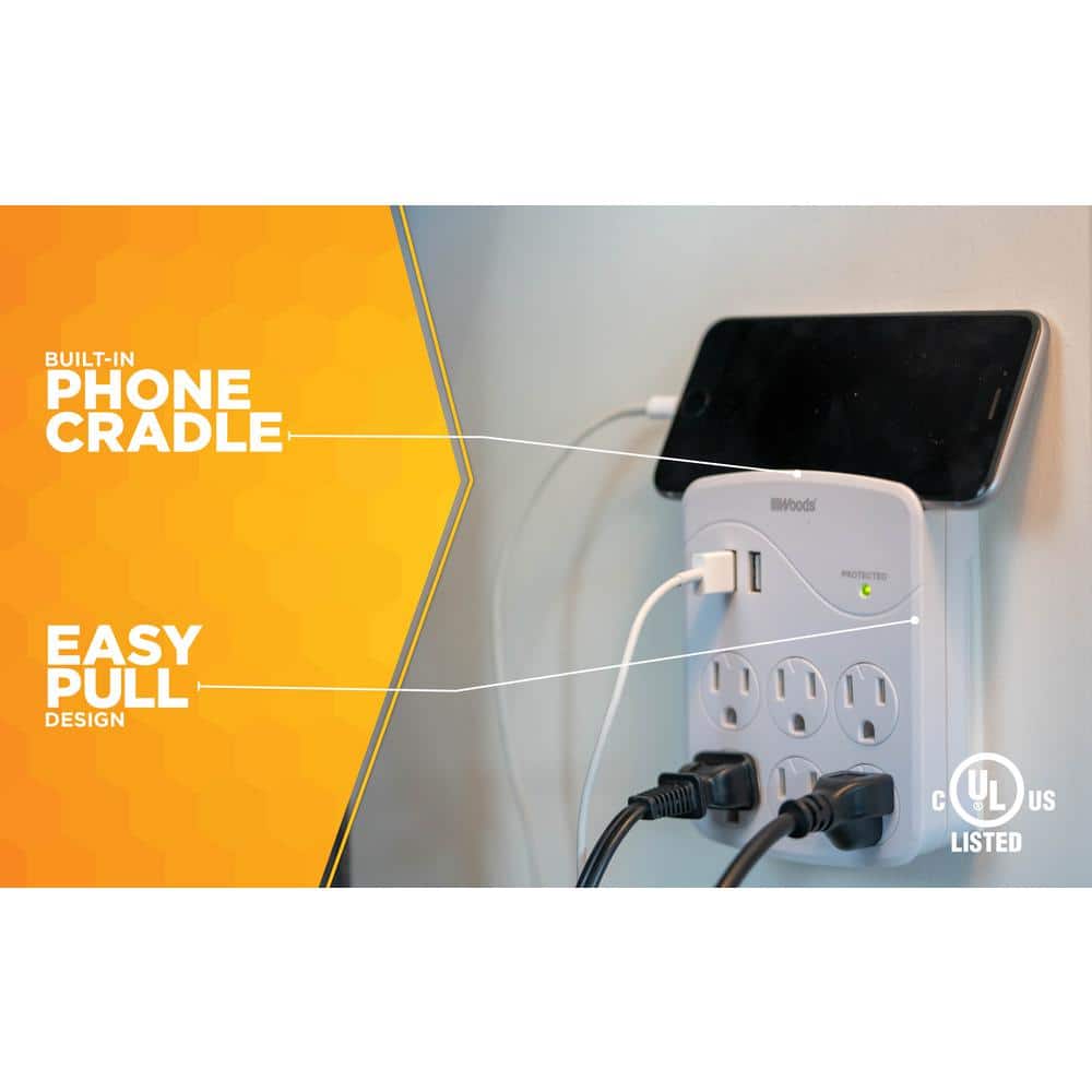 White 6-Outlet Surge Protector with 2 USB Ports