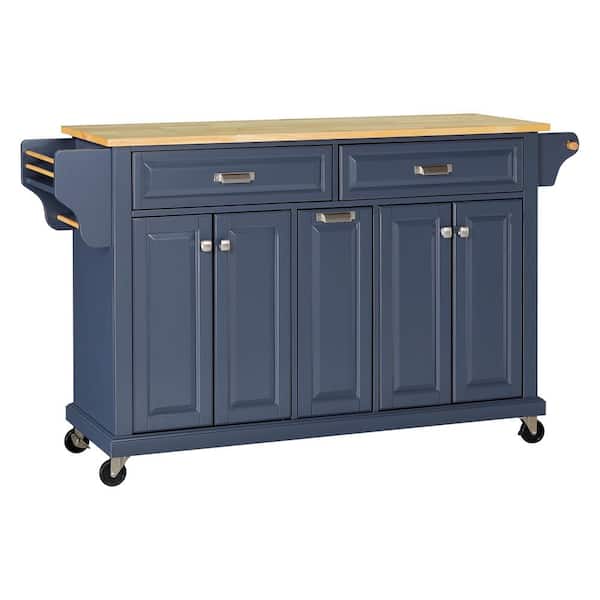 Unbranded Blue Cambridge Natural Wood Top 60.5 in. Kitchen Island with 2-Large Drawers, Adjustable Shelves and Casters