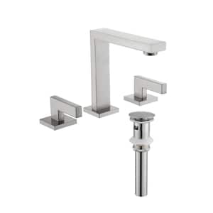 8 in. Widespread Deck Mount 2-Handle Bathroom Faucet with Drain Kit Included in Brushed Nickel