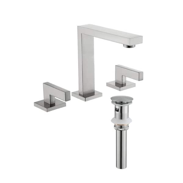 Tomfaucet 8 in. Widespread Deck Mount 2-Handle Bathroom Faucet with Drain Kit Included in Brushed Nickel