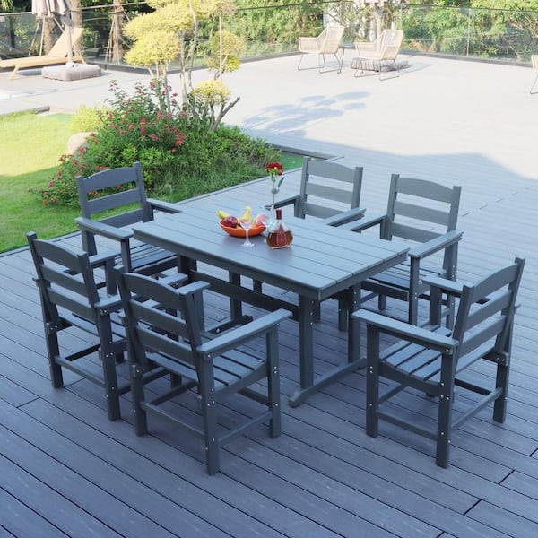 Justincity Gray HDPE 7-Piece Teak Rectangle Patio Outdoor Dining Set Furniture, Dining Table and 6-Chairs