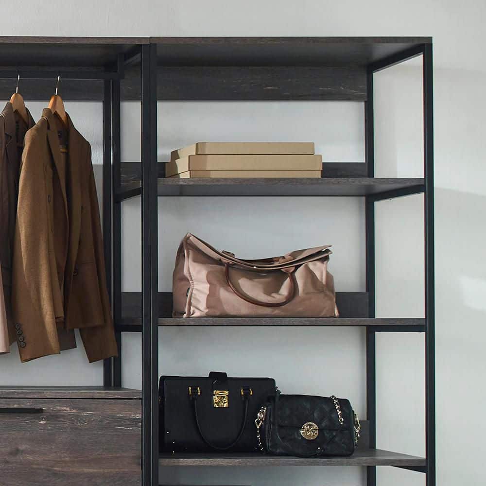 Monica Rustic Gray Wood and Black Metal Walk-In Closet System with Drawer