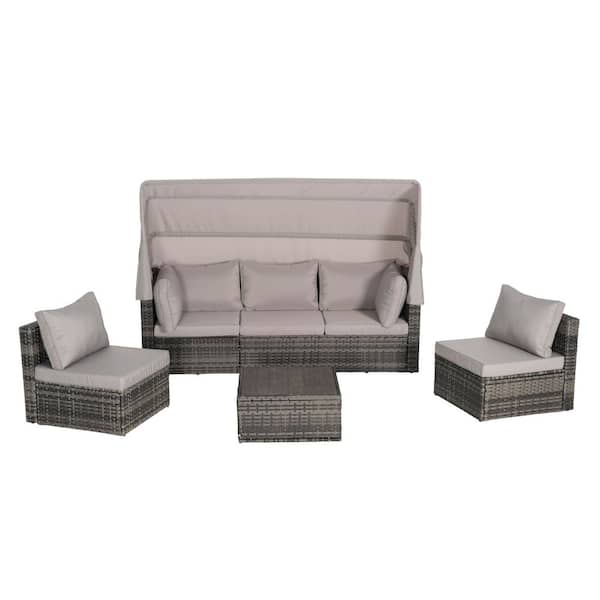 Tenleaf 5-Piece Wicker Patio Conversation Set with Light Gray Cushions, Retractable Canopy, Storable Side Table