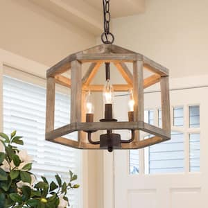 Rustic Bronze Drum Solid Wood Lantern Island Chandelier, Industrial Candlestick 3-Light Weathered Cage Pendant Light