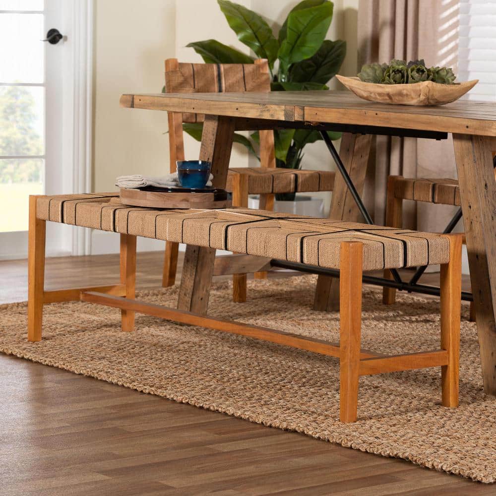 Natural Mahogany and Woven Paper Loom Bohemian Dining Bench
