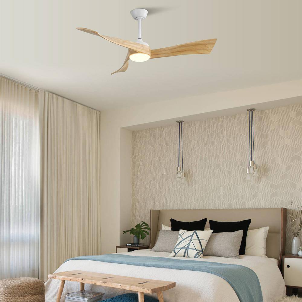 52-Inch White and Light Brown Wood Blade Ceiling Fan with Remote and LED Light