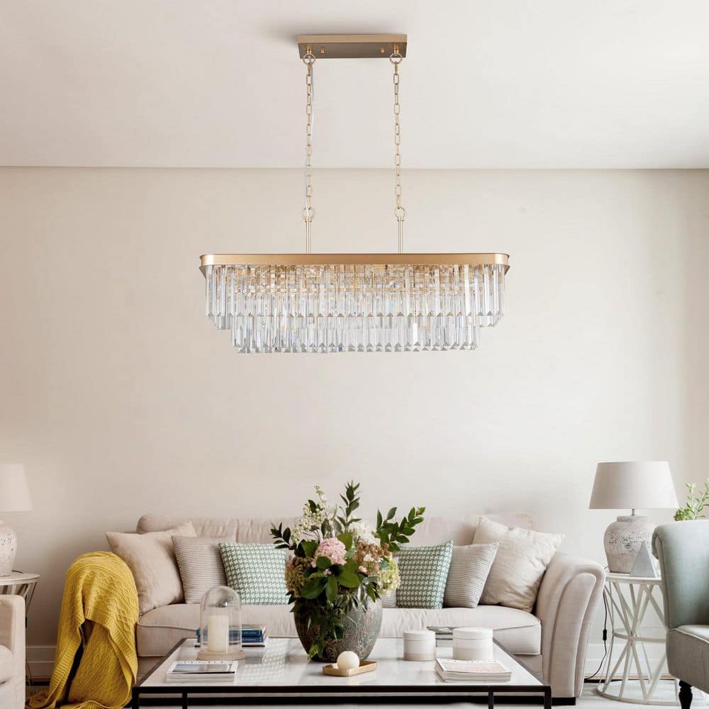 33.5 in. 11-Light Gold Rectangular Crystal Chandelier with Glass Shade, Adjustable Hanging Height (Bulb Not Included) price history on PriceWatchPro