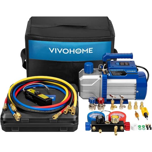 VIVOHOME 110-Volt 1/2 HP 5CFM 2 Stage HVAC Vacuum Pump and 4 Way AC Manifold Gauge Set Kit with Leak Detector