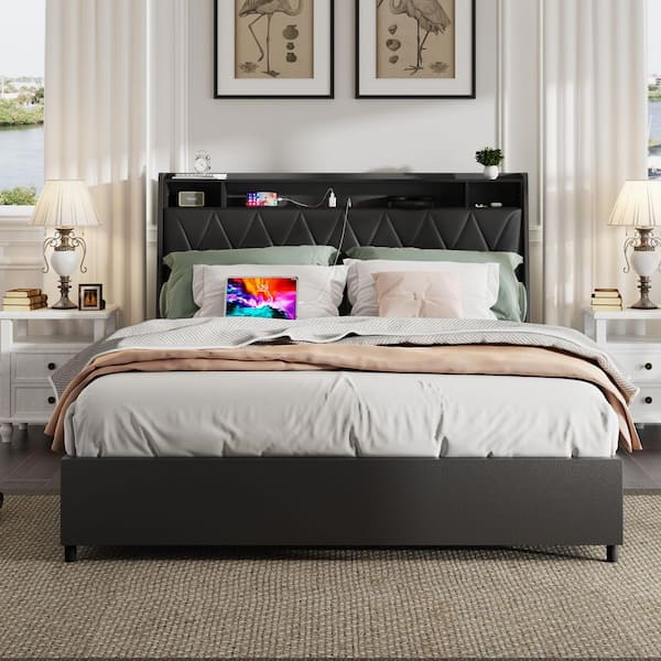 Black Metal Frame Full Size Platform Bed with Outlet and USB Ports and Storage Drawers, No Noise