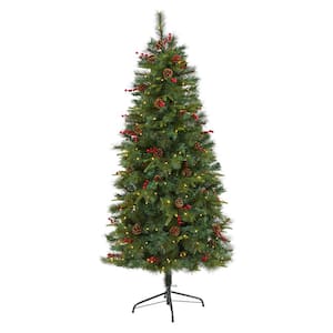 6 ft. Pre-Lit Mixed Pine Artificial Christmas Tree with 250 Clear LED Lights, Pine Cones and Berries