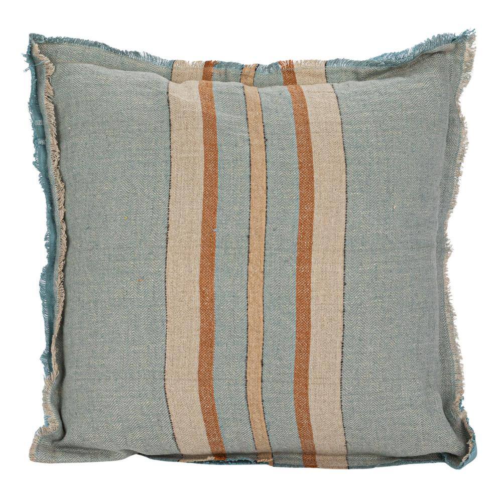 20" Blue and Beige Linen Striped Pillow with Fringe