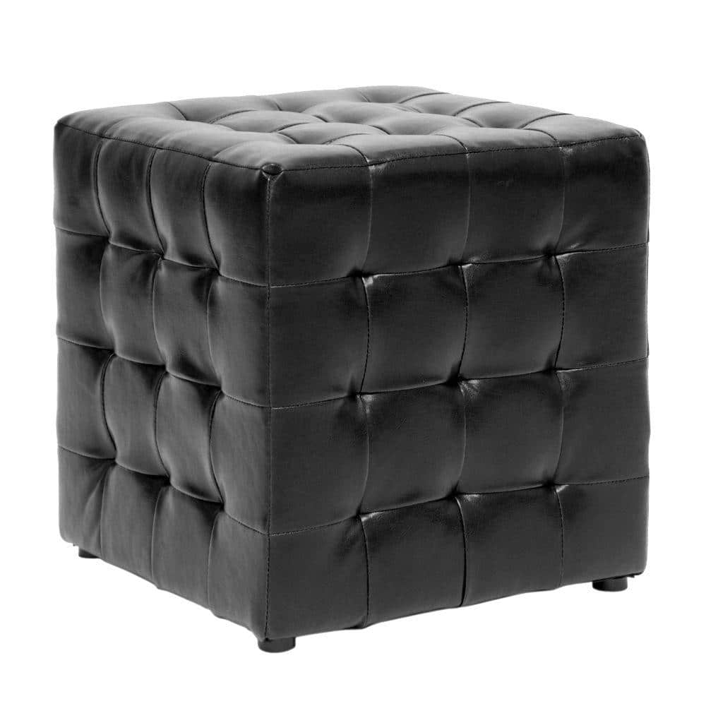 Stitchcraft 15'' Black Faux Leather Tufted Cube Ottoman Set