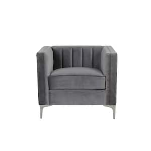 32 in. Mid-Century Channel Gray Tufted Velvet Arm Chair