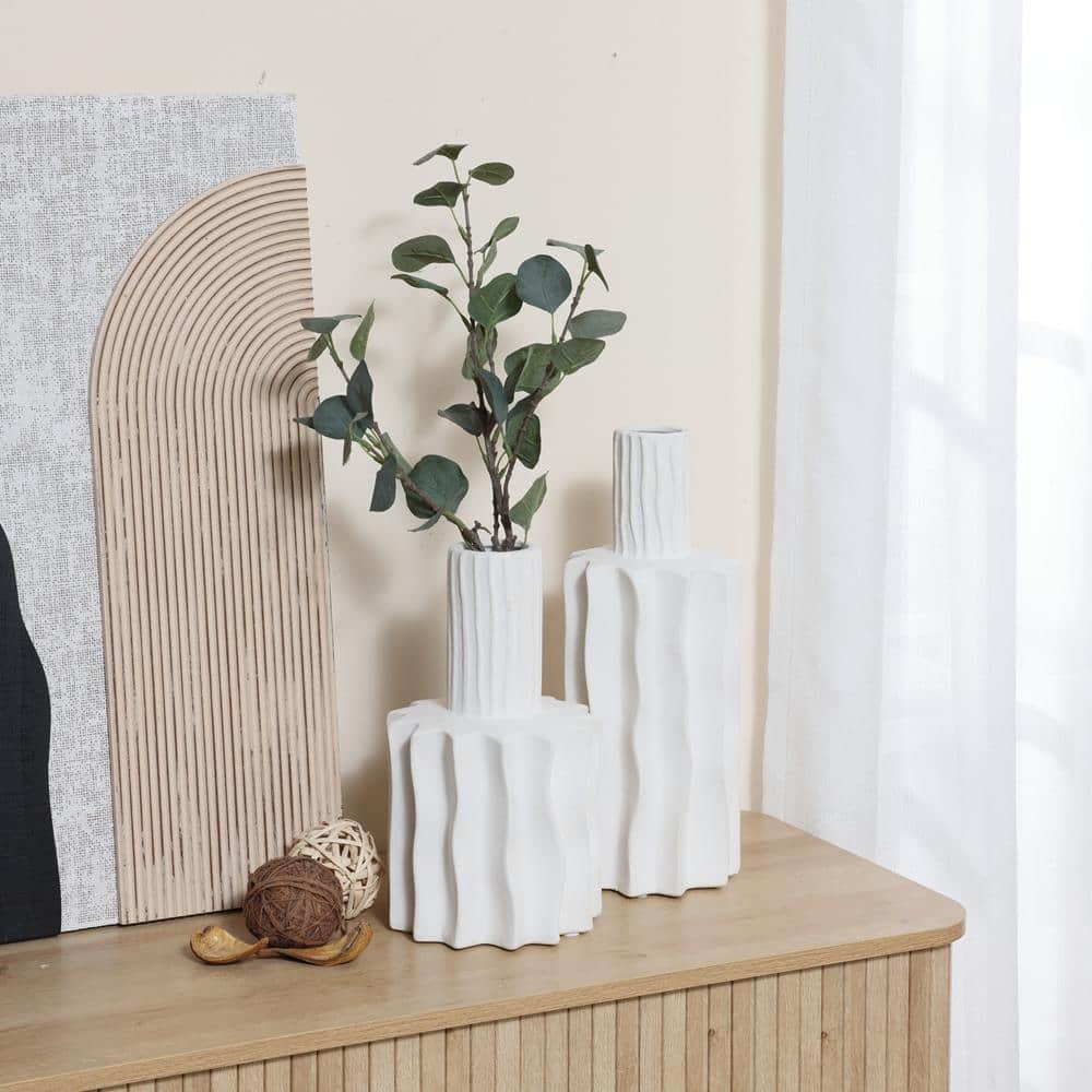 White Ceramic Fluted Decorative Table Vase 11.8"